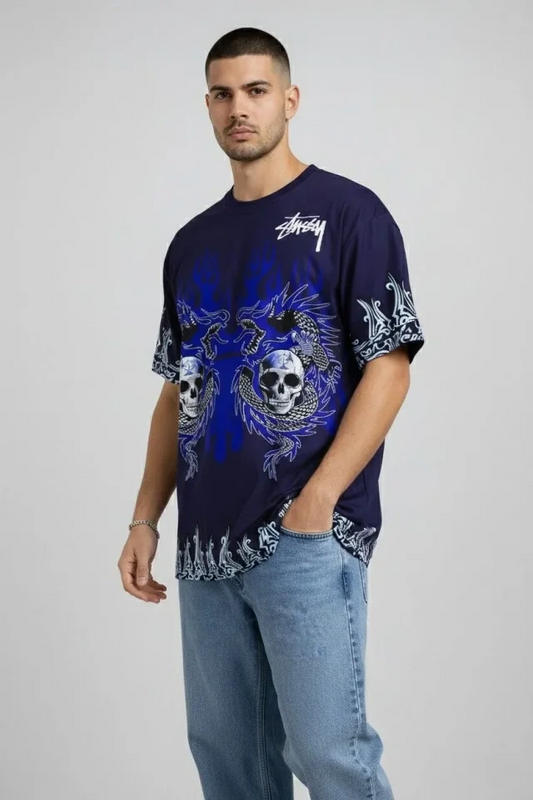 Dragon Skull Baskılı Lacivert Oversize Erkek T-shirt