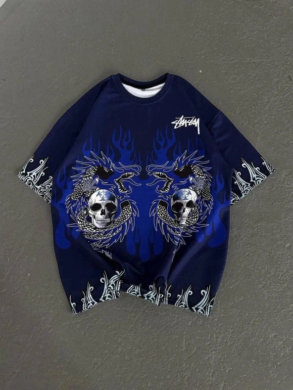 Dragon Skull Baskılı Lacivert Oversize Erkek T-shirt