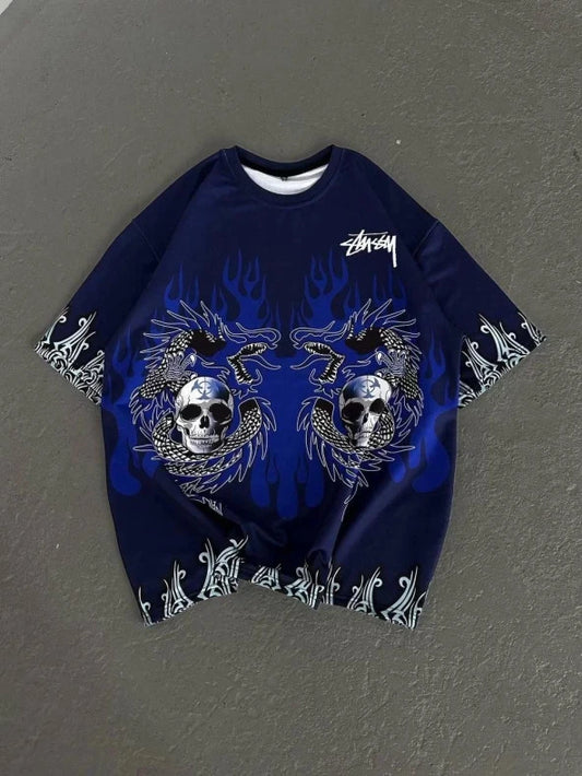 Dragon Skull Baskılı Lacivert Oversize Erkek T-shirt