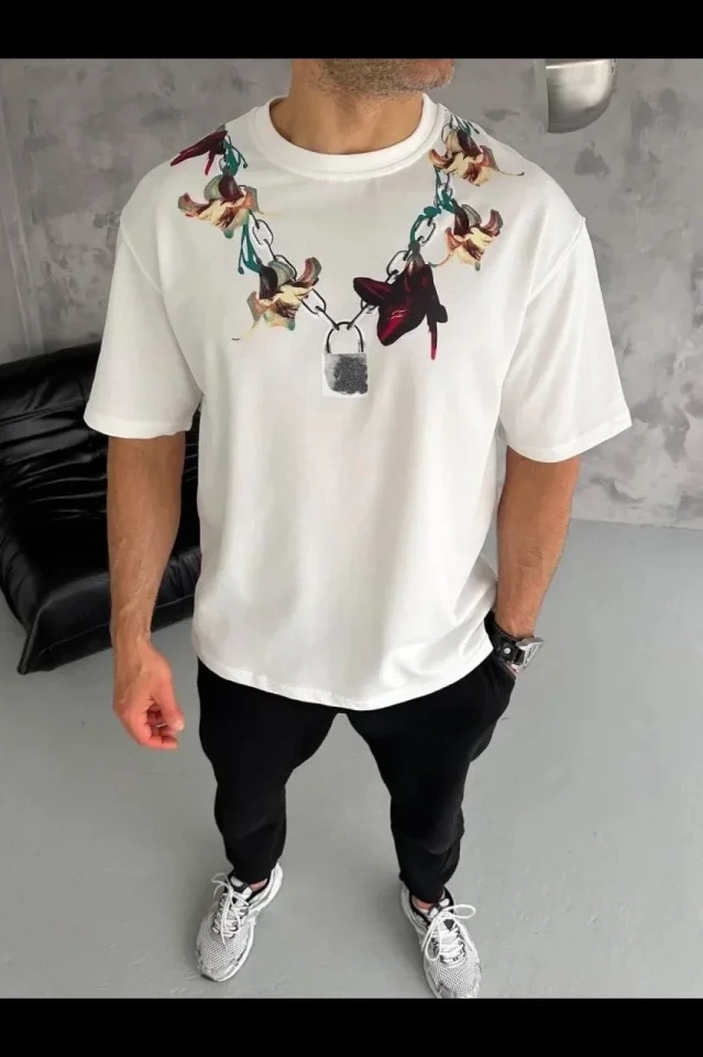 Zincir & Kilit Baskılı Oversize T-Shirt