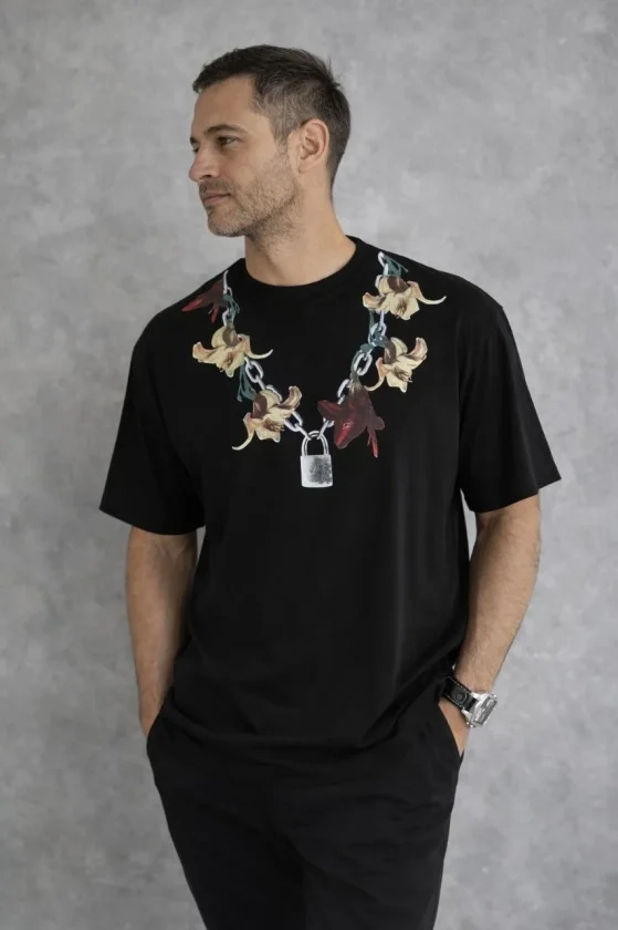 Zincir & Kilit Baskılı Oversize T-Shirt