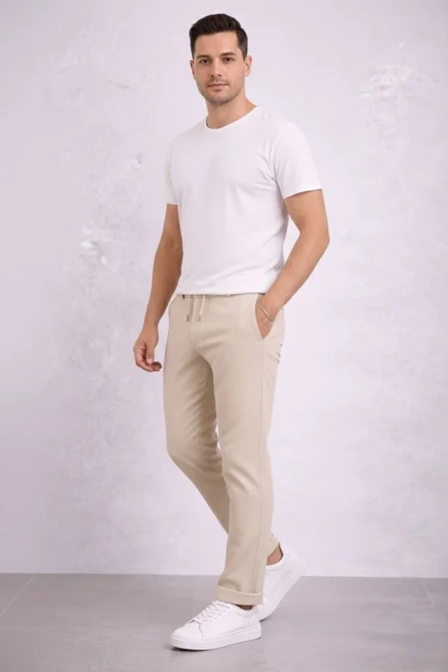 Modern Fit Duble Paça Bağcıklı Erkek Keten Jogger Pantolon