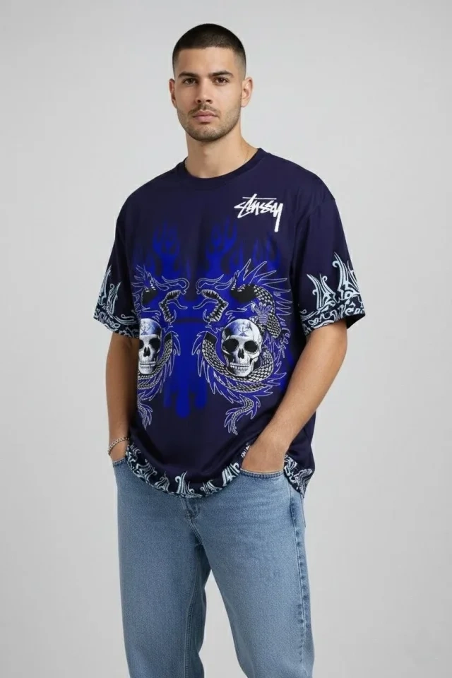 Dragon Skull Baskılı Lacivert Oversize Erkek T-shirt