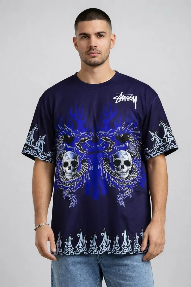 Dragon Skull Baskılı Lacivert Oversize Erkek T-shirt