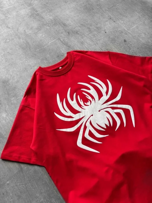 Kırmızı Örümcek Baskılı Oversize T-shirt