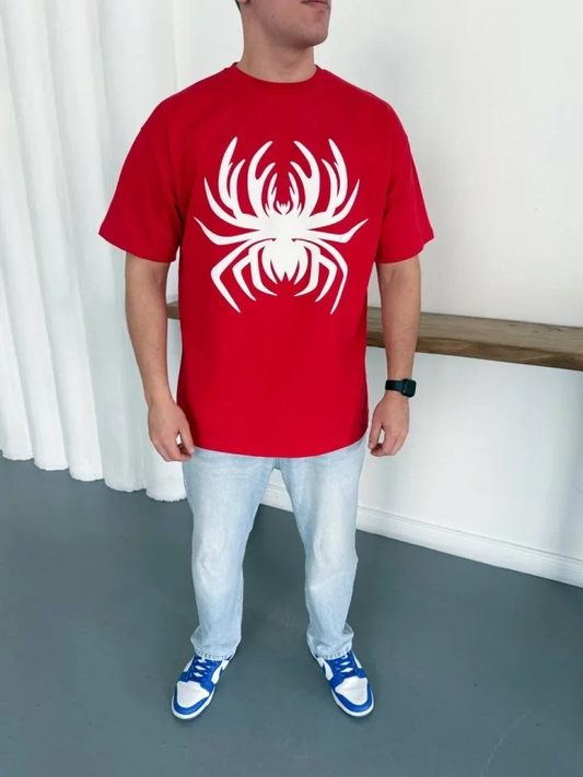 Kırmızı Örümcek Baskılı Oversize T-shirt