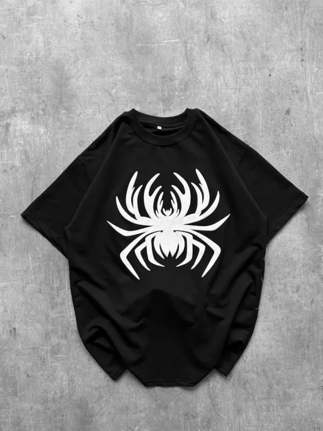 Siyah Örümcek Baskılı Oversize T-shirt