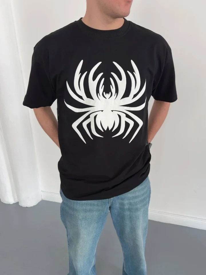 Siyah Örümcek Baskılı Oversize T-shirt